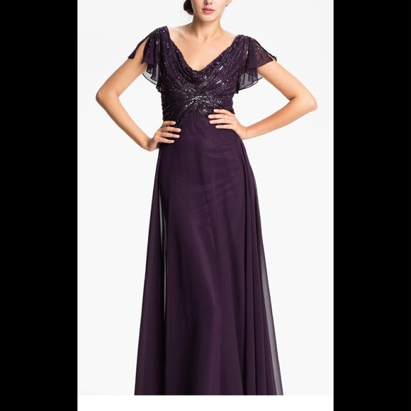 NWT J Kara embellished Drape Bodice Chiffon Gown - Picture 1 of 8